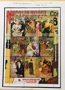 ●●世界名画切手●マダガスカル●画家ロートレックの絵画　「ムーラン・ルージュの・・・」他●フィレックス・フランス’99 9連s/s●
