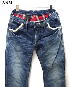 M【AKM × Wrangler DENIM PANTS S1073 CHECK エイケイエム ラングラー 裏地チェック バナナシルエット デニム パンツ】