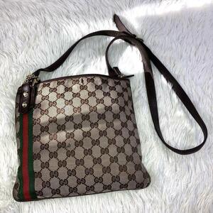 GUCCI グッチ ハンド トートバッグ 肩掛け GG シェリーライン オールドグッチ キャンバス レザー チャーム ブラウン 茶 レディース メンズ