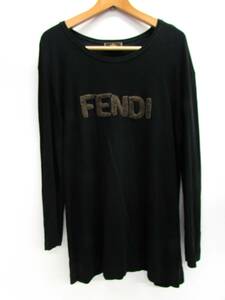 正規品 ヴィンテージ フェンディ FENDI maglia パイル 刺繍 ロゴ カットソー 長袖 Tシャツ 黒 ブラック レディース ※難有