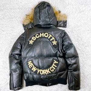 【極美品】ショット 【 シングルライダース ラムレザー ダウン 希少デザイン バックロゴ 脱着式フード M】Schott N.Y.C. ブラック 