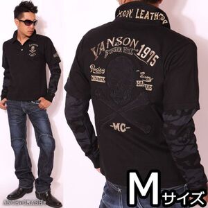 当店別注 VANSON バンソン フェイクレイヤード 長袖 ポロシャツ ブラック×袖ブラックカモ【Mサイズ 】NVPS-519 バイカー アメカジ 刺繍