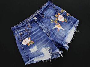 AMERICAN EAGLE アメリカンイーグル ダメージ加工 刺繍 ショート デニムパンツ size0/紺 ■◆ ☆ egb0 レディース