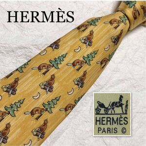 HERMES エルメス　ネクタイ　月夜の森のリス　三日月　杉　総柄　シルク100% フランス製　イエロー