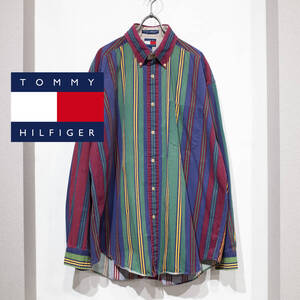 L / 90s TOMMY HILFIGER トミー ヒルフィガー ボタンダウン マルチストライプ 長袖シャツ シティーボーイ プレッピー オーバーサイズ 古着