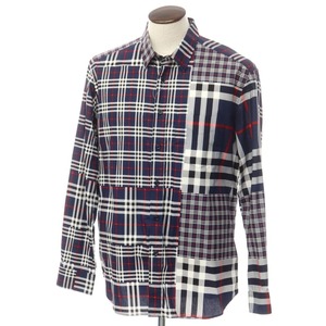 【中古】バーバリー BURBERRY コットン チェック カジュアルシャツ ネイビーxホワイト【サイズXXL】