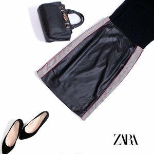 ZARA BASIC ザラ ベーシック ■ 合物 千鳥 グレンチェック柄 ミモレ丈 タイトレザースカート S ブラック 黒