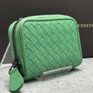 極美品 BOTTEGA VENETA ボッテガヴェネタ イントレチャート コインケース ミニ財布 レザー ラウンドファスナー グリーン メンズ