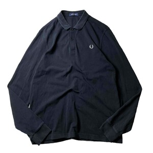 モッズスタイル! 日本製 Fred Perry フレッドペリー 月桂樹 ロゴ刺繍 長袖 ポロシャツ 長袖シャツ ブラック 黒 L 大きいサイズ メンズ 古着