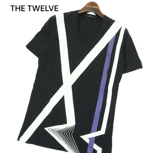 THE TWELVE ザ トゥエルブ 春夏 プリント★ 半袖 Vネック カットソー Tシャツ Sz.48　メンズ 黒 日本製　A4T04804_5#D