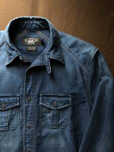 【名作】極美品 RRL INDIGO MOLESKIN WORK SHIRT ダブルアールエル インディゴ コットン リネン ワーク デニムシャツ シャツ 光沢感 XS