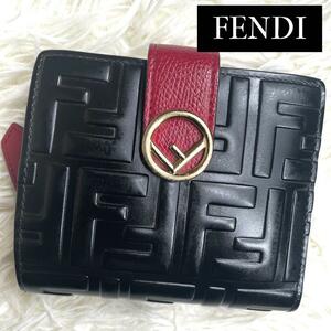 希少品 / F is FENDI フェンディ バイカラーエンボスズッカウォレット 二つ折り財布 ジップアラウンド エンボスレザー レッド 8M0386