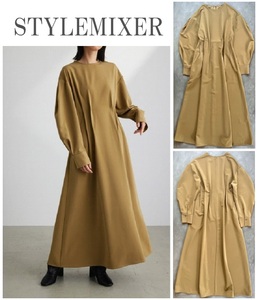 STYLEMIXER スタイルミキサー タックデザインフレアワンピース モード感あるフォルム シワになりにくいハリのある上品見え素材 BEIGE M