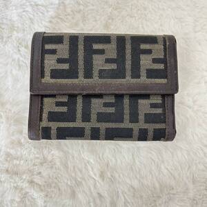 △FENDI フェンディ ズッカ柄 二つ折り財布 キャンバス×レザー ブラウン系 ウォレット 財布 レディース メンズ/管理1120A12-01260001