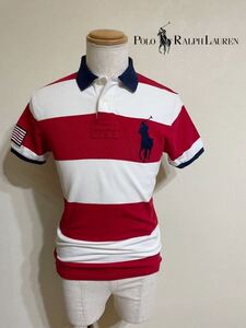 【良品】 Polo Ralph Lauren ポロ ラルフローレン ビッグポニー ボーダー 鹿の子 ポロシャツトップス サイズM 半袖 赤白ネイビー 175/96A