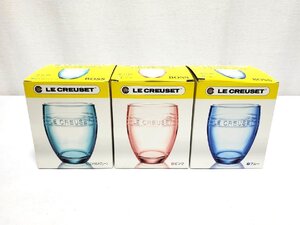 ▽LE CREUSET（ル・クルーゼ）×サントリー BOSS オリジナルグラス 3個 ピンク、ブルー、エメラルドグリーン 未使用保管品▽011029