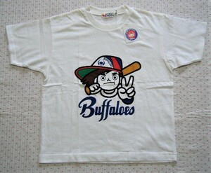 近鉄バファローズ　KINTETSU・OSAKA BUFFALOES　バッファ君プリントＴシャツ・コットンシャツ　白系　サイズ Jr130㌢　綿100％生地　非売品