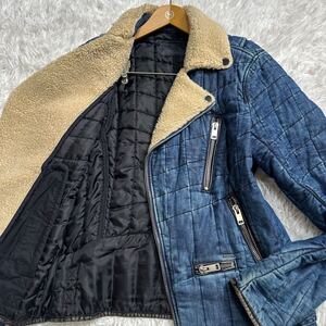 極美品◎Lサイズ◎DIESEL ディーゼル デニム キルティング ダブルライダースジャケット ムラ染め 裏ボア 多重ジップ ロゴプレート メンズ