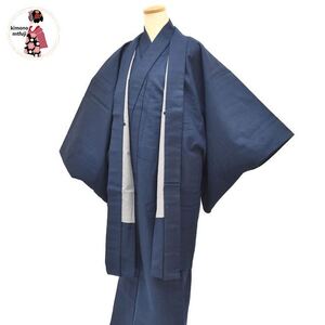 1円 アンサンブル 男物 ウール 紺色 身丈146cm 着物 メンズ 同梱可 【kimonomtfuji】 5nfuji47337