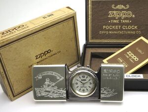 1000円スタート ZIPPO ジッポー TIME TANK POCKET CLOCK バックライト 1996年製 クオーツ QZ 3針 ホワイト文字盤 付属品付 WHO K60011