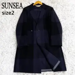 SUNSEA 切りっぱなし チェック チェスターコート ネイビー ブラック 2