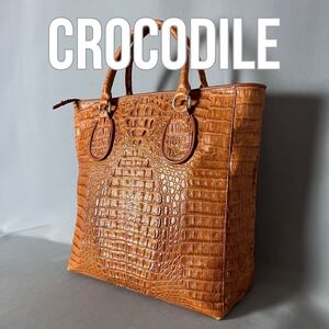 ★１円スタート★ カイマン クロコダイル crocodile ワニ革 鰐革 大容量 A4可 メンズ トートバッグ キャメル エキゾチックレザー G87.