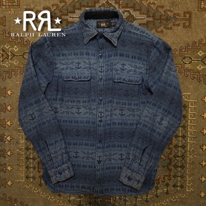 【逸品】 RRL Wool Blend Indigo Over Shirt 【S】 ウールブレンド インディゴ オーバーシャツ 羊毛 ジャケット 総柄 錨柄 RalphLauren