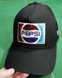 □ニューエラ ペプシコーラ コラボ PEPSIスパンコールロゴ メッシュキャップ ブラック フリー 美品!!!□