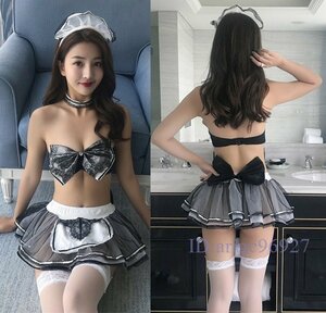 Q539★新品 超セクシー メイド コスプレ 可愛い豪華5点セット トップス スカート ショーツ カチューシャ首輪ランジェリー制服コスチューム