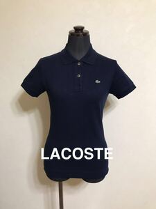 【美品】 LACOSTE ラコステ レディース 鹿の子 ポロシャツ サイズ38 半袖 ネイビー ファブリカ 日本製 トップス PF009Z