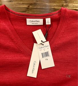 未使用 タグ付 CK ワンポイント カルバンクライン Calvin Klein イタリアンメリノ素材 クルーネックニット カットソー 美麗レッド メンズ L