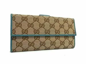 1円 ■美品■ GUCCI グッチ 231841 2091 GG柄 GGキャンバス×レザー 二つ折り 長財布 ウォレット レディース ブラウン系×ブルー系 FK0530