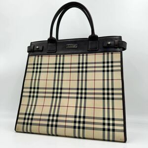 1円 Burberry バーバリー トートバッグ ハンドバッノバチェック ロゴプレート キャンバス レザー ベージュ ブラウン A4 