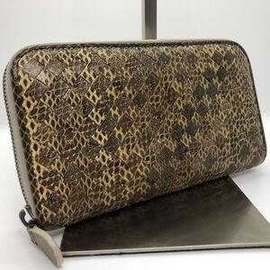 【極美品】RFID ボッテガヴェネタ BOTTEGA VENETA 長財布 ラウンドファスナー パイソン 蛇 レザー イントレチャート ブラウン系 ビジネス