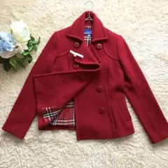 BURBERRY BLUE LABEL♪ピーコート　チェック　赤　ウール　M