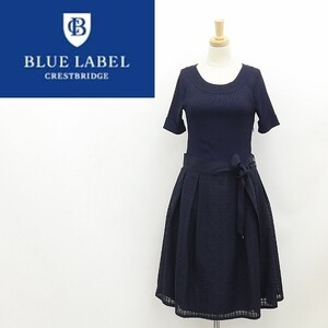 美品◆BLUE LABEL CRESTBRIDGE ブルーレーベル クレストブリッジ リブニット×チェック柄シアー素材 切替 ドッキング ワンピース 紺 36