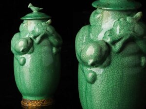 【琴》送料無料 中国美術 緑釉龍虎文蓋壷 高26cm WJ604