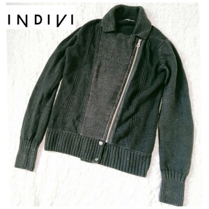 INDIVI*インディヴィ*ジップアップニット*セーター*ジャケット*ウール100％*ダークグレー×ブラック*黒*サイズ38*レディースM*前開き 