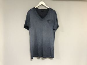 本物ディーゼルDIESELコットン後染め柄グラデーションVネック半袖Tシャツメンズサーフアメカジワークミリタリーゴルフ青ブルーXL