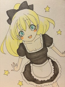 手描きイラスト　メイド　金髪　女の子　A4