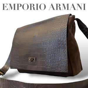 希少　レア　エンポリオアルマーニ　EMPORIO ARMANI ショルダーバッグ　メッセンジャーバッグ　クロコ型押　A4収納　鞄　メンズ　レザー　