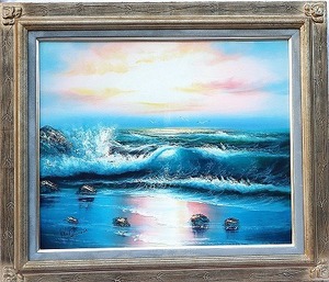 油彩画　油絵　朝日の海　F12 額入り　中古品