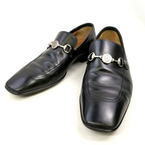 B #【商品ランク:B】 グッチ GUCCI ロゴ型押し レザー ホースビット ローファー size38 1/2 メンズ シューズ 紳士靴 ブラック系