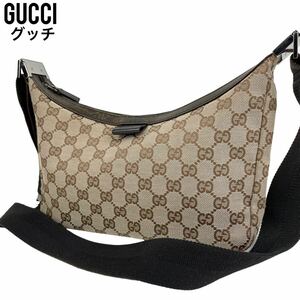 美品　GUCCI グッチ　ワンショルダーバッグ　GGキャンバス　ロゴ型押し　肩掛け　ハンドバッグ　トートバッグ　35098 002122 ブラウン