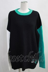 NieR Clothing / シエル配色ニット【DESIGN刺繍】 黒×白×緑 H-24-04-16-1024-PU-TO-KB-ZT359