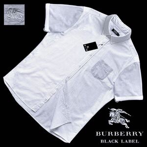 希少! 新品 バーバリーブラックレーベル BIGホース刺繍 ストライプ 切替 2WAY BD オックスフォード 半袖 シャツ 2/M BURBERRY BLACK LABEL