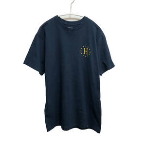 【980円スタート】USA 古着 半袖 Tシャツ HUF ネイビー 紺 メンズMサイズ ハフ スケート ストリート バックプリント 古着卸 激安 BA1280