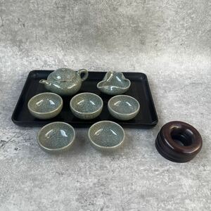 当時物 貫入 急須 湯冷まし 茶道 煎茶道具 湯呑 湯呑茶碗 / 煎茶 骨董 古美術 古い 相馬焼 青磁 うぶだし 蔵 解体 古道具 セット 