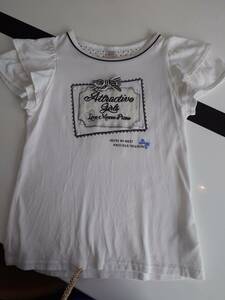 mezzo piano Junior　白半袖TシャツSサイズフリルレースりぼんストライプハート刺繍キラキラスパンコール