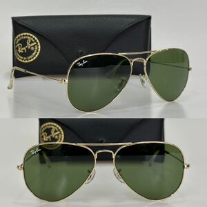 美品!!イタリア製Ray-Ban アビエーター RB3025 W3280 58□14 レイバン サングラス メタル ゴールド×グリーン